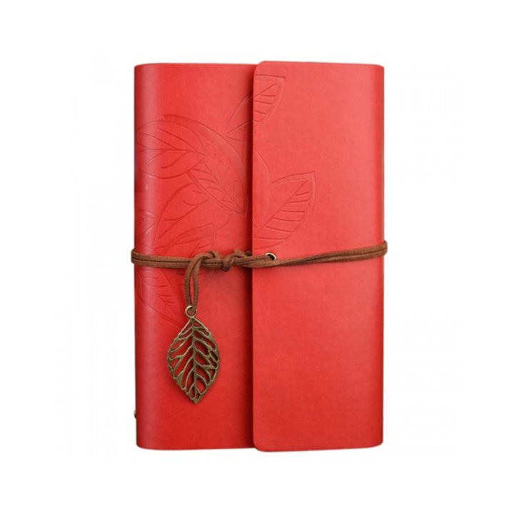 Agenda tip jurnal retro de calatorie, Darklove, Cu franghie si pandantiv de epoca, Frunze frumoase gravate si design cu frunze libere, 12.5 x 18.5 cm, Rosu