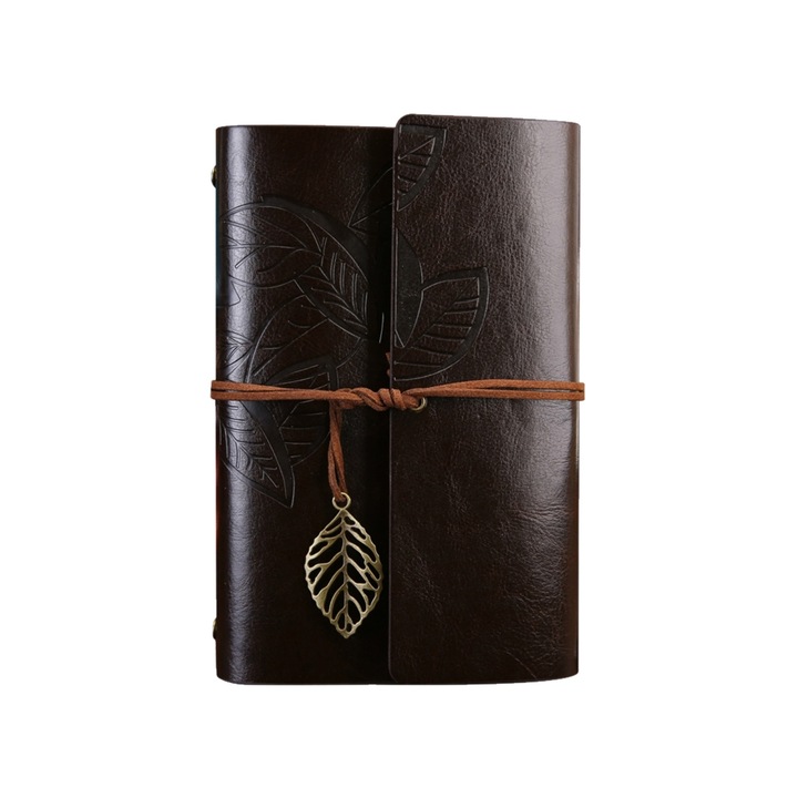 Darklove Retro utazó napló, Kötéllel és vintage medállal, Gyönyörű gravírozott levelekkel és laza levélmintával, 12,5 x 18,5 cm, Fekete