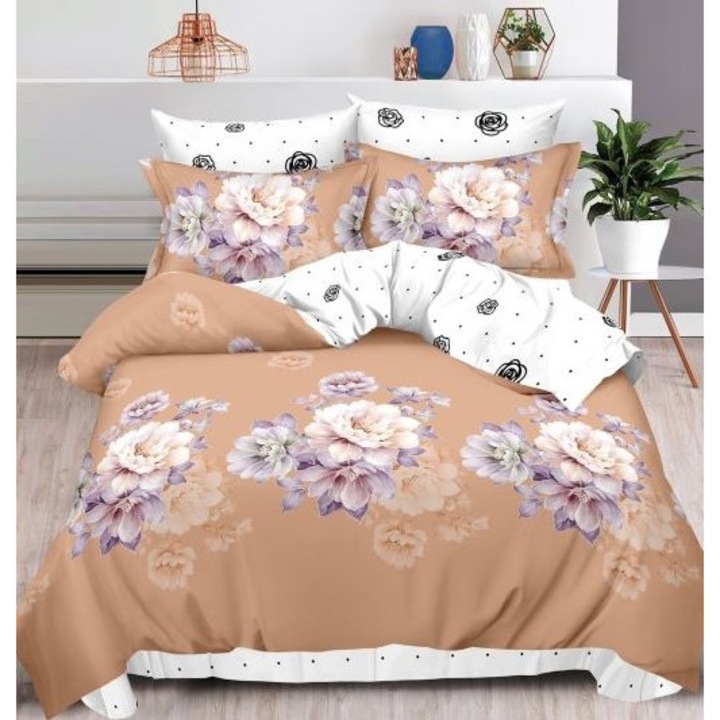 Lenjerie pat dublu 2 fete, Pucioasa, imprimeu floral, 6 piese, 2 persoane, 180x200cm, Finet Satinat, Bej