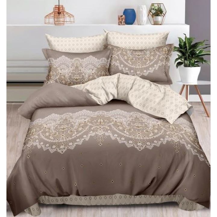 Lenjerie pat dublu 2 fete, Pucioasa, imprimeu Vintage, 6 piese, 2 persoane, 180x200cm, Finet Satinat, Bej Nuante