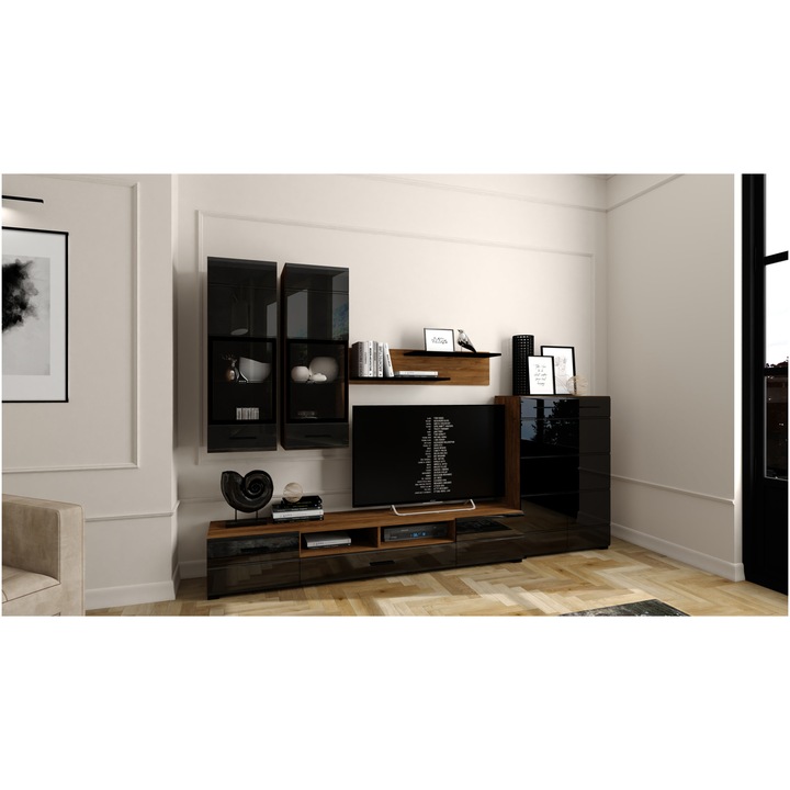 Комплект мебели за дневна Kring Maia, Дъб/Черен гланц, 285 x 190 x 40 см, Включено LED осветление
