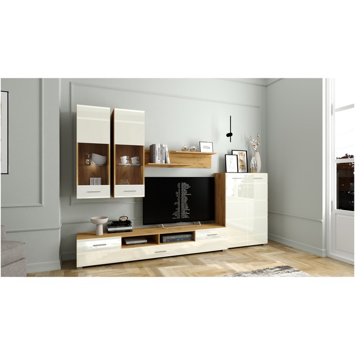 Комплект мебели за дневна Kring Maia, Дъб/Бял гланц, 285 x 190 x 40 см, Включено LED осветление