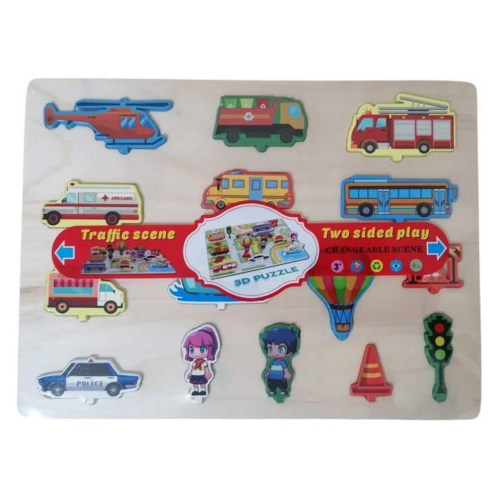 Puzzle 3D cu 2 fete din lemn, Trafic Urban, 16 piese, multicolor, 30 cm