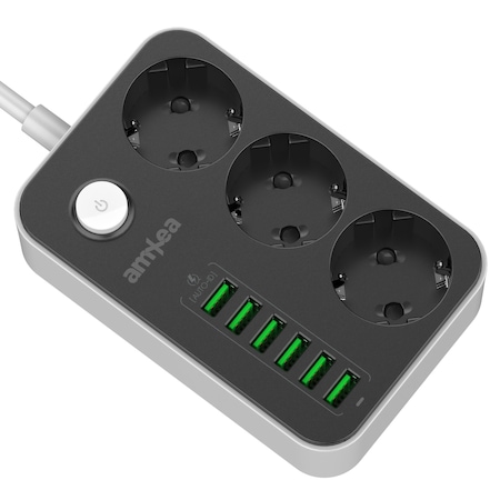 Prelungitor amXea SR-360L-B Negru, 3 prize, 6xUSB 5V/3.4A, 2m, 2500W, protectie copii, anti-static