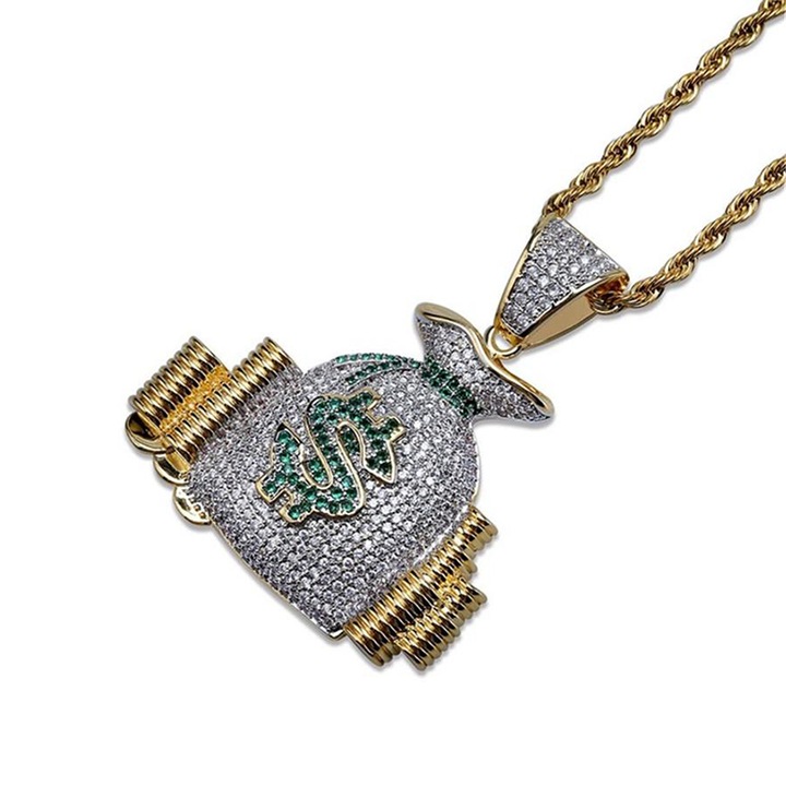 Lant, model dollar bag, pandantiv saculet cu bani, unisex, auriu, EFAYN