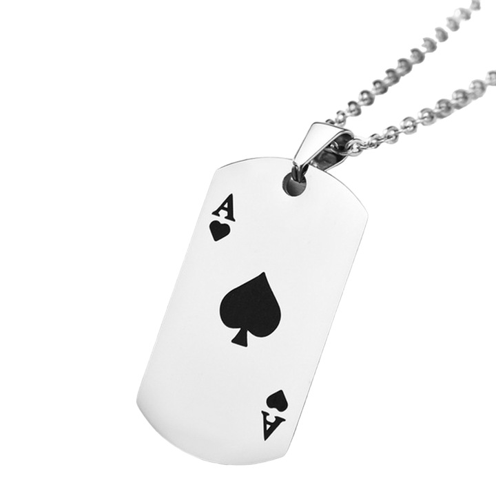 Lant, model carti de joc poker, pandantiv carte de joc castigatoare “As”, unisex, argintiu, EFAYN