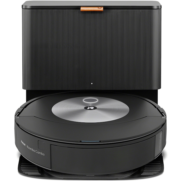 Робот прахосмукачка iRobot Roomba Combo j7+ c7558, 26Wh, С моп + база за изпразване, Предна камера, Избягване на препятствия, Приложение, 10 карти, Виртуални бариери, Автоматично изпразване, WiFi, Alexa&Google, Сензори за стълби, Сив