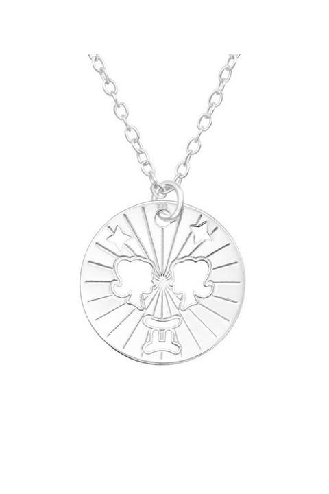 Lant din argint 925 cu pandantiv in forma de banut cu semn zodiacal, zodia Gemeni, 45 cm