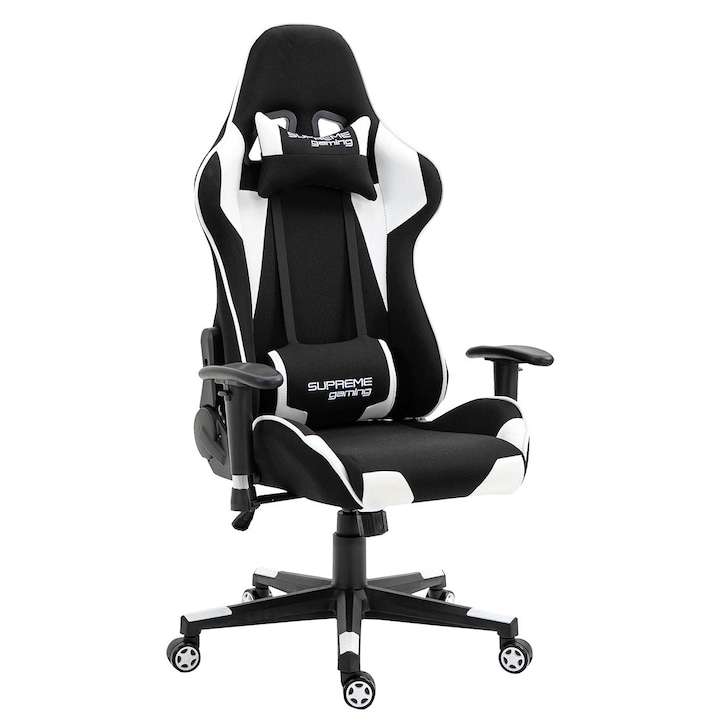 Геймърски стол Luka PlayMaker, черен/бял, с лумбална опора и регулируеми възглавници, размери 52x49см