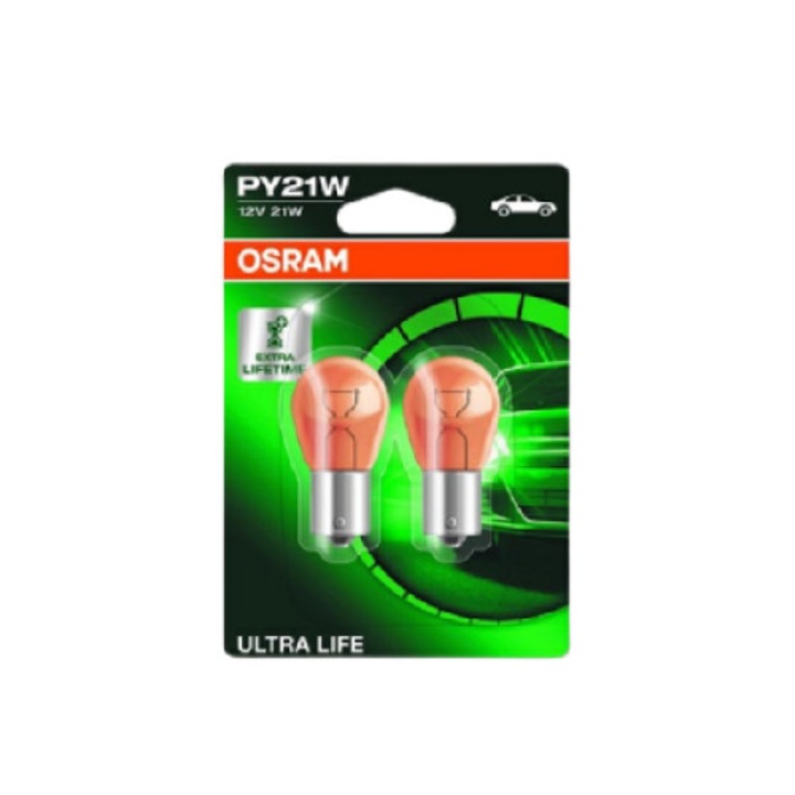 Комплект от 2 автомобилни крушки OSRAM, PY21W, 12V, 21 W, конектор BAU15s, за сигнализация, блистер Ultra Life
