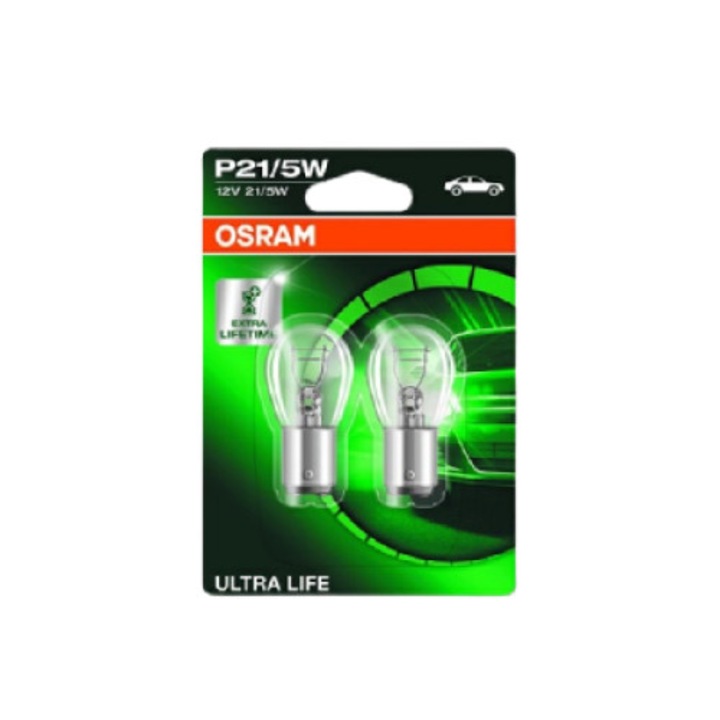 2 db OSRAM autós izzó készlet, P21/5W, 12V, 21/5 W, BAY15d csatlakozó, jelzéshez, Ultra Life buborékfólia