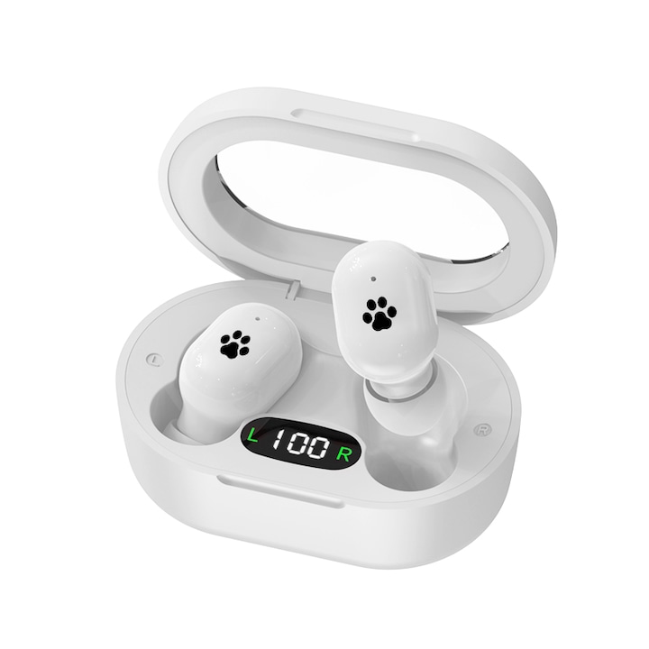 Vezeték nélküli Bluetooth fejhallgató, E8S, HD hívás, töltőképernyő LED digitális kijelzővel, fehér
