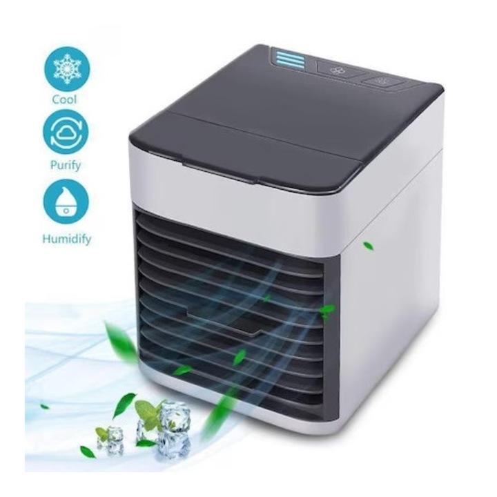 Mini aparat portabil de aer conditionat si purificator aer 3 in 1, filtre incluse, Alb/ Negru
