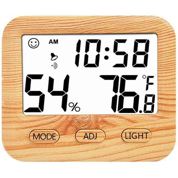 Termometru/ higrometru digital pentru interior, Multifunctional, Iluminat din spate, Inalta precizie, Din lemn si ABS