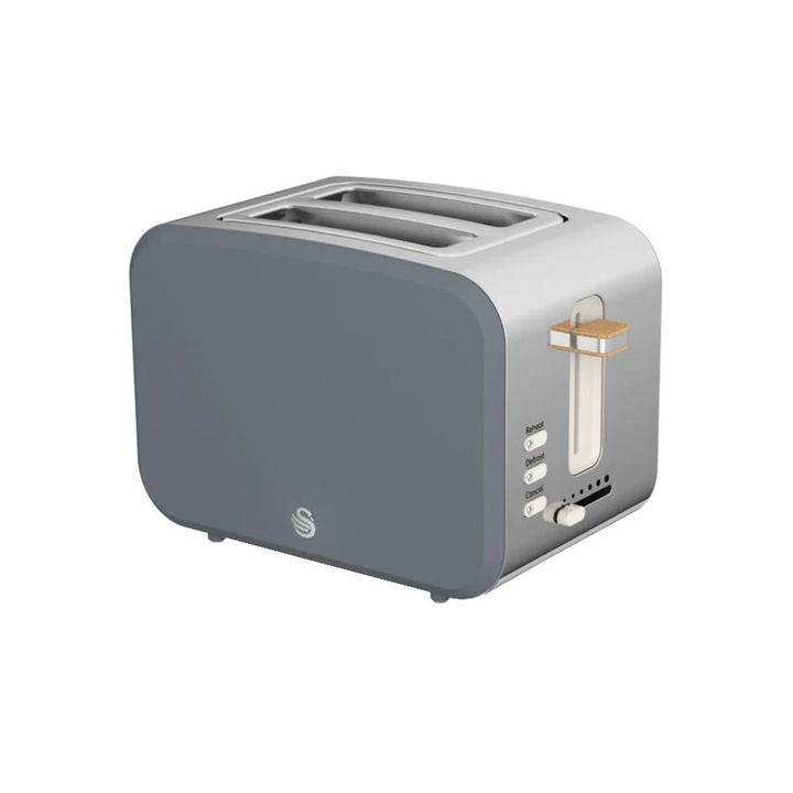 Тостер Swan, Nordic, за 2 филийки хляб, 6 степени на мощност, функция за претопляне, функция за размразяване, автоматично спиране, елегантен минималистичен дизайн, корпус от неръждаема стомана, сив