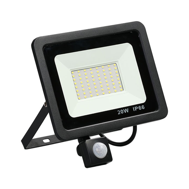 Proiector LED exterior cu senzor de miscare, putere 20W, lumina alba rece 6400K, protectie IP66