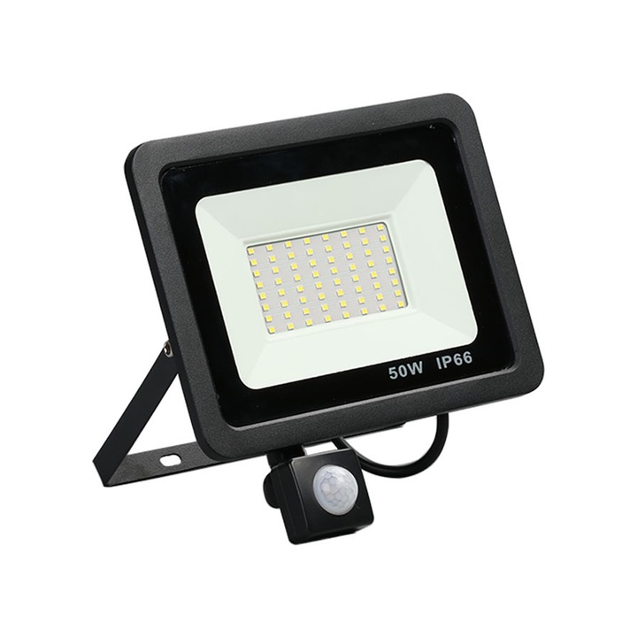 Proiector LED exterior cu senzor de miscare, putere 50W, lumina alba rece 6400K, protectie IP66
