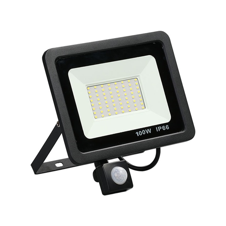 Proiector LED exterior cu senzor de miscare, putere 100W, lumina alba rece 6400K, protectie IP66