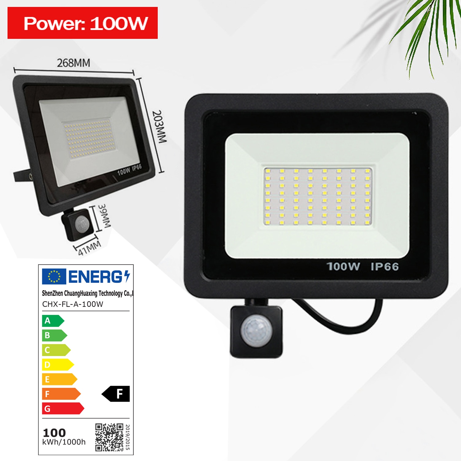 Proiector LED exterior cu senzor de miscare, putere 100W, lumina alba ...