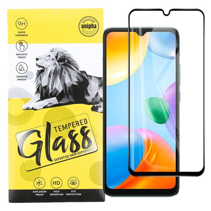 Xiaomi Redmi 12C / Redmi 10C / Poco C40 kompatibilis üvegfólia, előlapi, 9D, edzett, hajlított, fekete kerettel