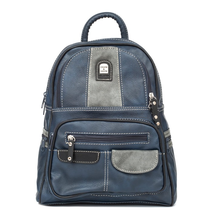 Дамска раница, Charm&Shape, Екологична кожа, 9 джоба, Закопчаване с цип, 26 х 16 х 32 см, тъмносиня