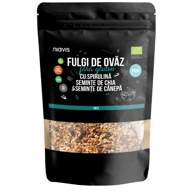 Fulgi de Ovaz Fini fara Gluten cu Spirulina, Chia si Seminte de Canepa Ecologici/Bio 200g Niavis