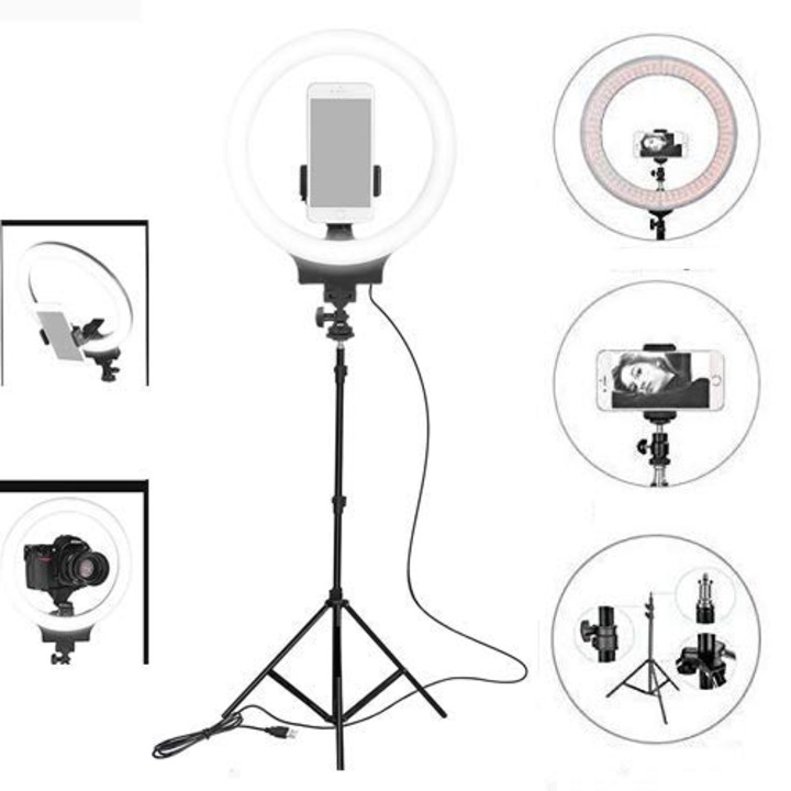 Gyűrűs lámpa Digital One SP00783, Eredeti, 10 hüvelykes, Led, 26 cm, Háromlábú állvánnyal 210 cm-ig, Beépített távirányító, Tik Tok Ring Fill Light