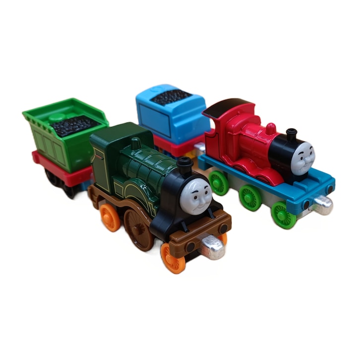 Set 2 locomotive si 2 vagoane metalice, Thomas and Friends, Metal, 8 cm, Multicolor