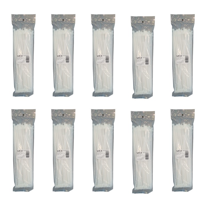 Set 10 pachete x 100 buc coliere plastic, Vision, 7.6x500 mm, alb