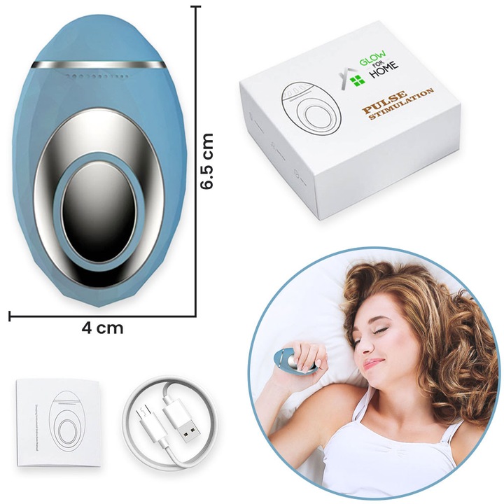 Dispozitiv inteligent de stimulare a somnului, GlowforHome, pentru adulti, aparat portabil de mana, micro-curent, anti insomnie, ajutor pentru dormit, ameliorarea anxietatii, stimularea pulsului, incarcare USB, bleu