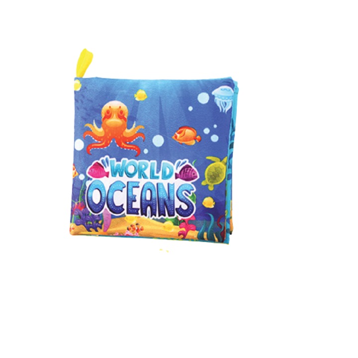 Carte senzoriala fosnitoare pentru bebelusi, cu animalute colorate, World Ocen, 4 pagini, 8 fete, 10 cm x 2,5 cm x 9 cm, Edujucarii