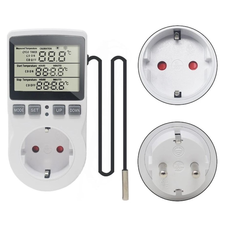 Termostat si priza programabila digitala VRTMP3100 cu LED, control temperatura -40-120°C, 16A, temporizator F01-F04, potrivit pentru casa, birou, sera si atelier