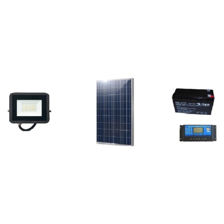 Kit cu panou solar 50W, controller panou 12/24v 10A, acumulator plumb acid 7V 12A si proiector LED 12V 20W, lumina alb rece