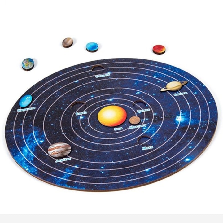 Puzzle din lemn, 9 piese, Sistem Solar rotund, Picodino