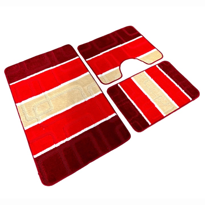 Set covoras de baie 3 piese, polipropilena, 100x60, 60x50, 40x60, Rosu Multicolor