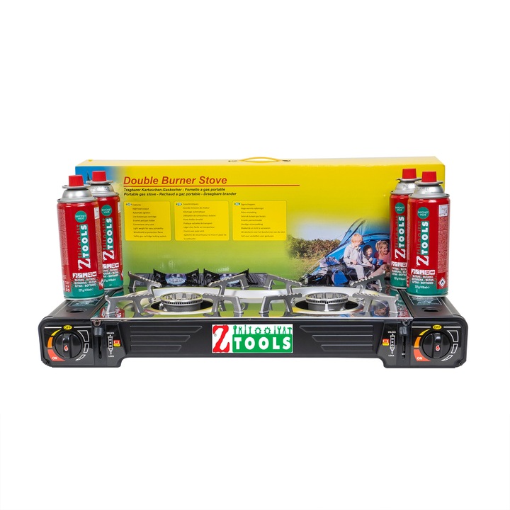 Pachet aragaz camping cu 2 ochiuri, aprindere electrica, putere 2x2.5kw plus 4 butelii 410ml / ZTS 5618_1