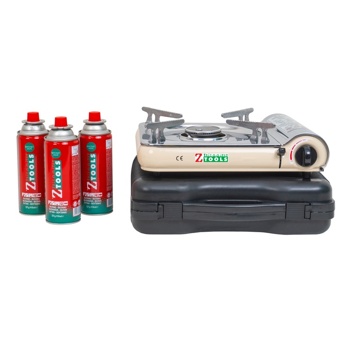 Pachet aragaz camping, din inox, aprindere electrica, putere 2.5kw, crem plus 3 butelii 410ml / ZTS 5621_1