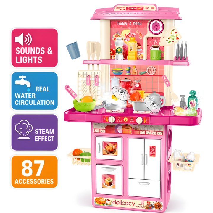 Bucatarie Multifunctionala Copii KidProtect® Pinky Chef cu aburi, Lumini si Sunete Realiste, Chiuveta Circuit de Apa, Plita, Cuptor, 82 Accesorii, BPA Free, Simulare Gatit, 90CM Inaltime