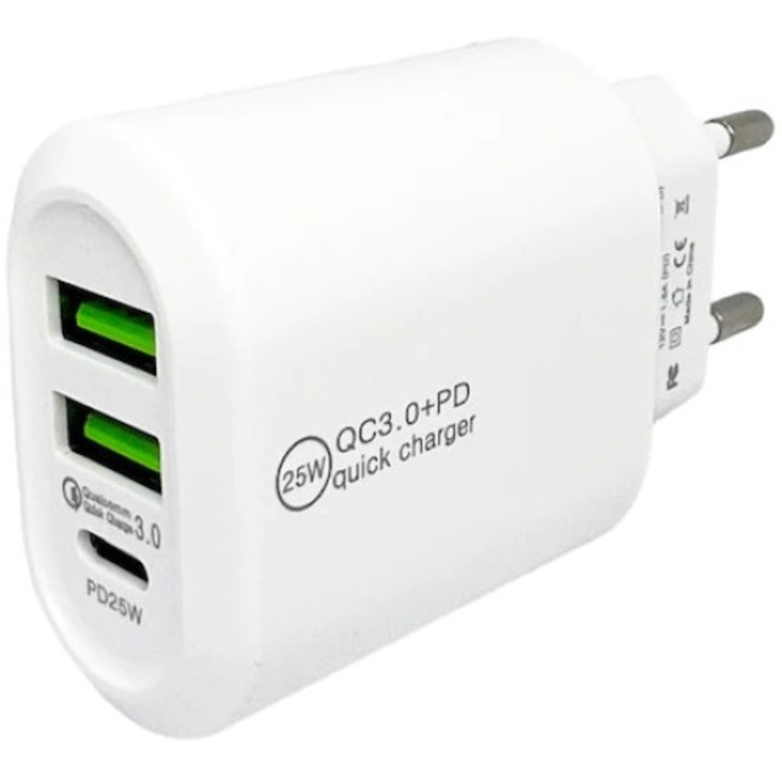 Hálózati töltő, 2 USB QC3.0 port és 1 PD port, Frost White, 25 W