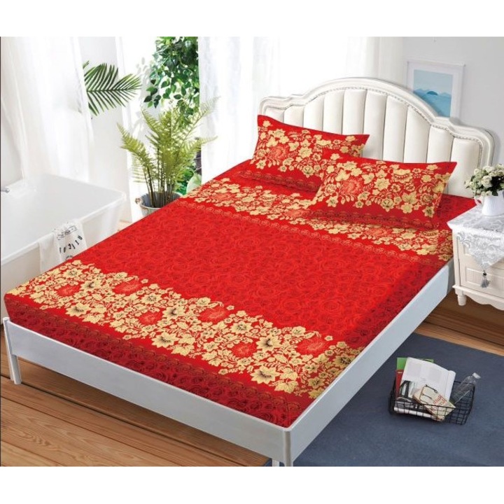 Покривало и калъфки за възглавници, щампа рози, 3 части, 2 лица, 180x200 см, фин сатен, червено бежово