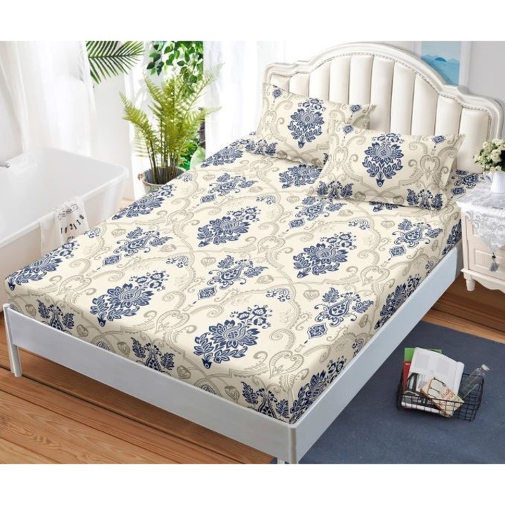 Покривало и калъфки за възглавници, абстрактен принт, 3 части, 2 лица, 180x200 см, фин сатен, многоцветно бежово