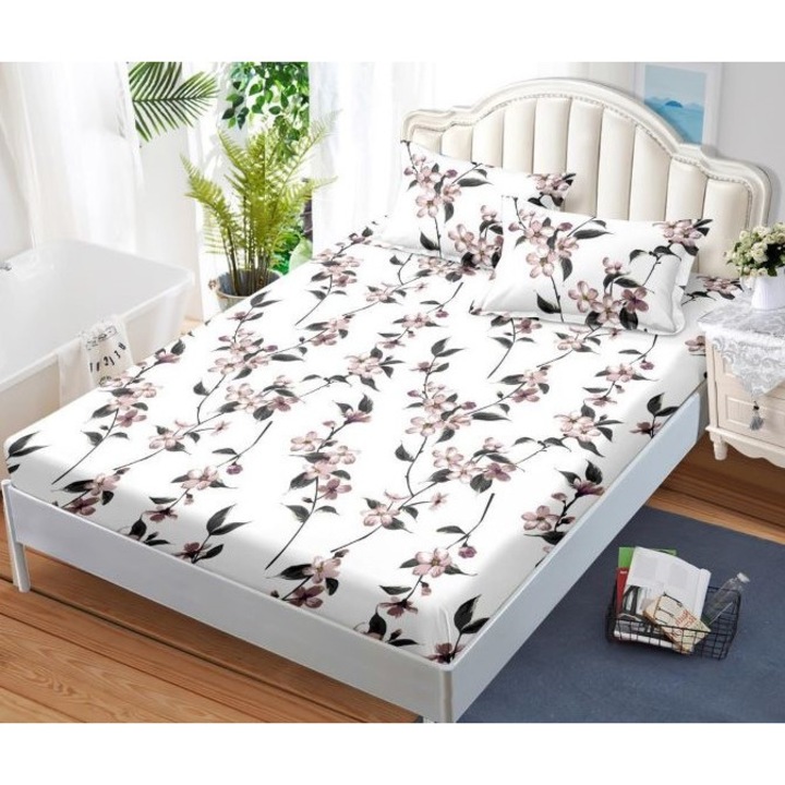 Покривало и калъфки за възглавници, щампа черешови клонки, 3 части, 2 лица, 180x200 см, фин сатен, бяло многоцветно