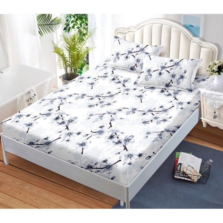 Покривало и калъфки за възглавници, щампа на цветя, 3 части, 2 лица, 180x200 см, фин сатен, бяло многоцветно