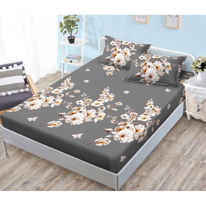 Покривало и калъфки за възглавници, щампа на цветя, 3 части, 2 лица, 180x200 см, фин сатен, флорално сиво