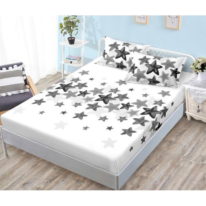 Покривало за легло и калъфки за възглавници, сива звезда, 3 части, 2 лица, 180x200 см, сатенено покритие, бяло сиво