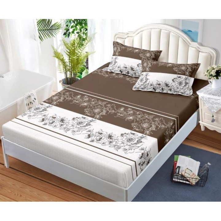 Покривало и калъфки за възглавници, щампа цветя, 3 части, 2 лица, 180x200 см, фин сатен, кафяви цветя