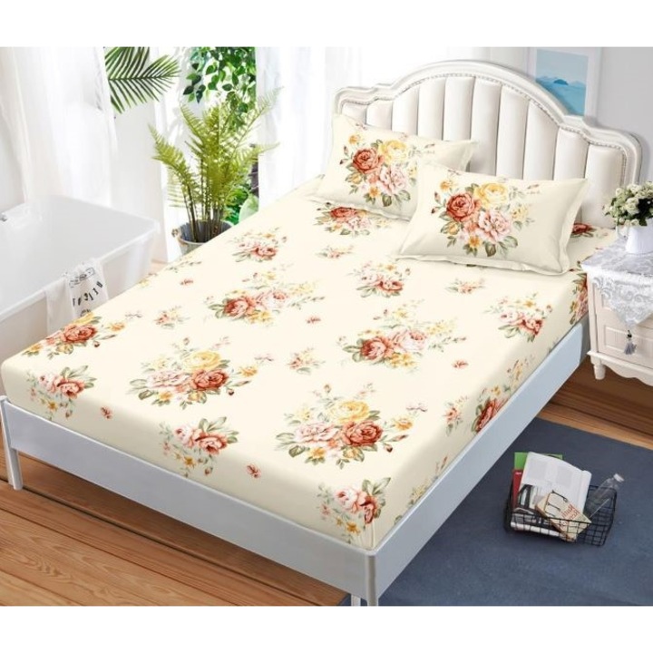 Husa de pat si fete de perna, imprimeu buchet de flori, 3 piese, 2 persoane, 180x200cm, Finet Satinat, Bej Floral