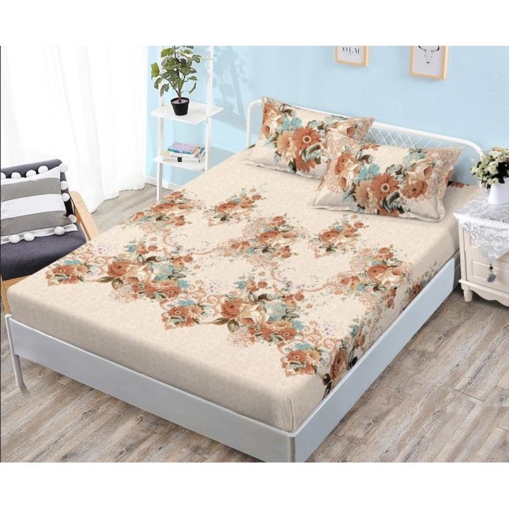 Покривало и калъфки за възглавници, щампа на цветя, 3 части, 2 лица, 180x200 см, фин сатен, флорално бежово