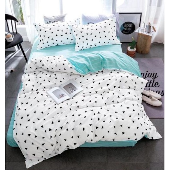 Спално бельо Pucioasa, Двулицево, Сатениран памук, Бял / Син, 4 части, 2 души, 180x200 см