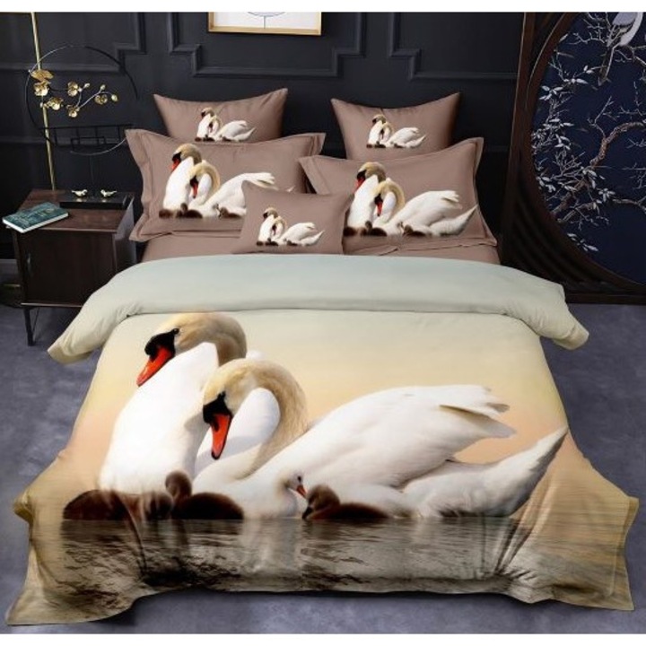 Двойно спално бельо за 2 момичета, Pucioasa, 3D принт Лебед, 6 части, 2 души, 240x250 см, фин сатен, Бежов
